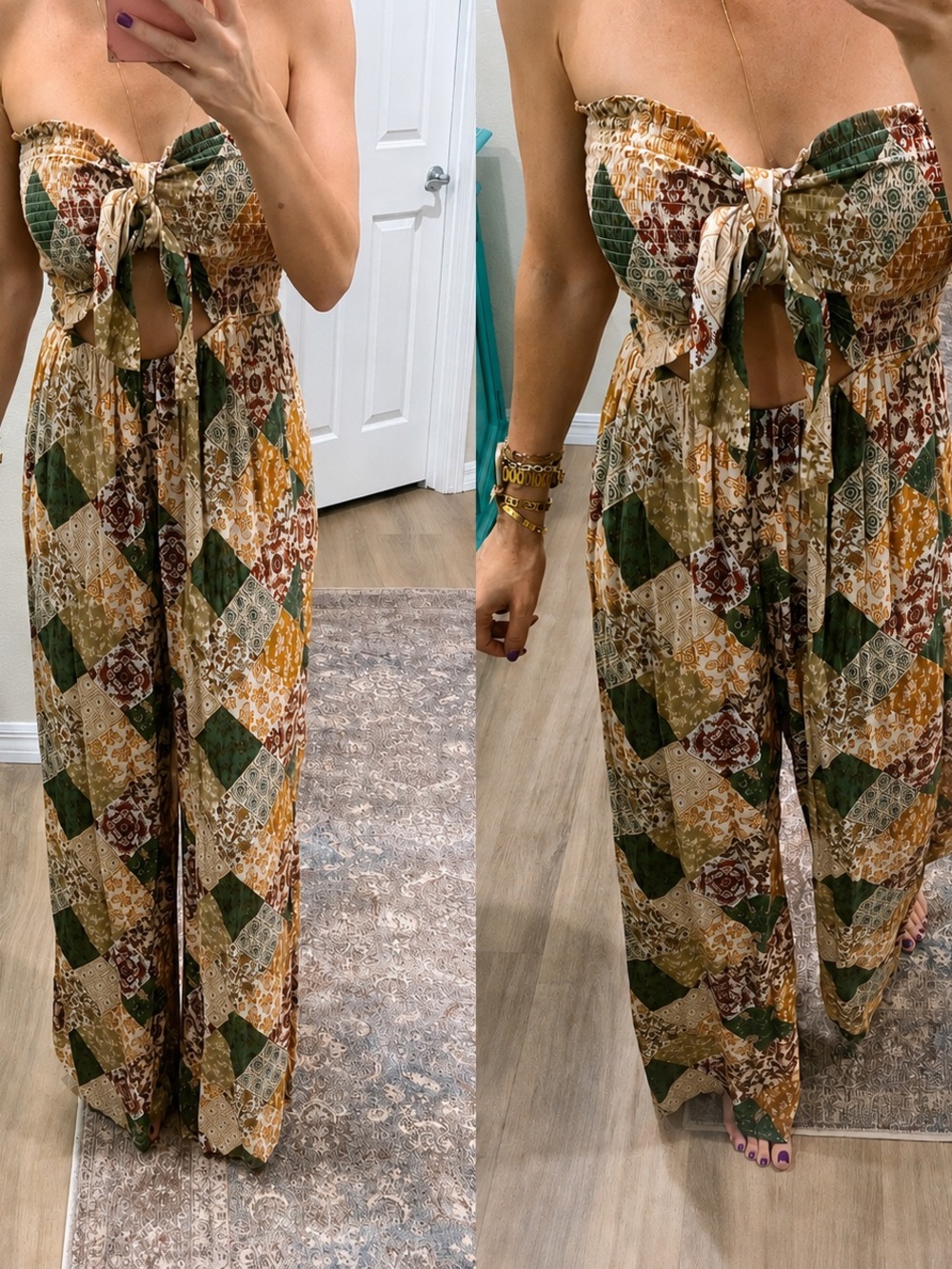 Lush Patchwork Strapless Wide-Leg Jumpsuit in Green & Mustard